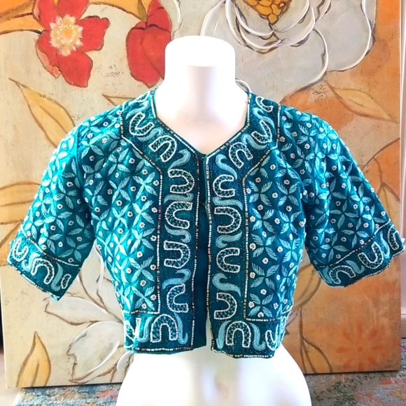 BEAUTIFUL Embroidery Beaded Ethnic Turquoise Silk SS Vintage Crop Top Jacket - Picture 11 of 16